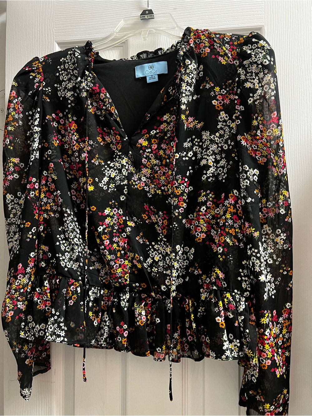 CeCe Black Floral Ruffle V-Neck Blouse with Pink and Yellow Accents